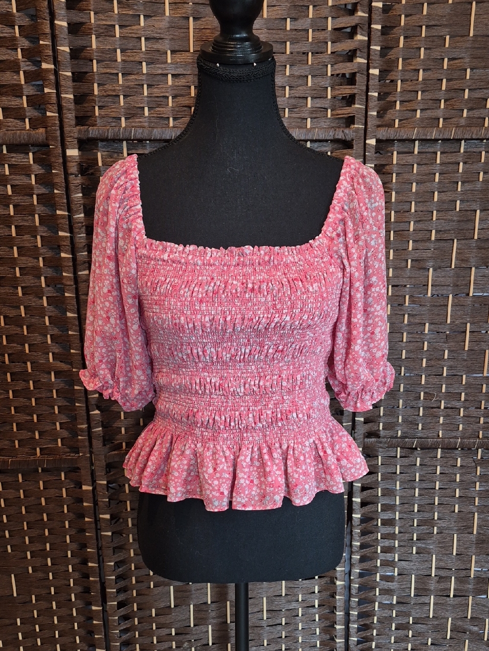 Wayf Pink Floral Smocked Peplum Blouse